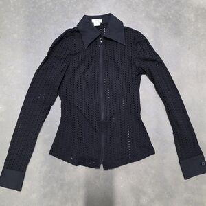 Cache Black Textured Holes Women's Zipper Shirt